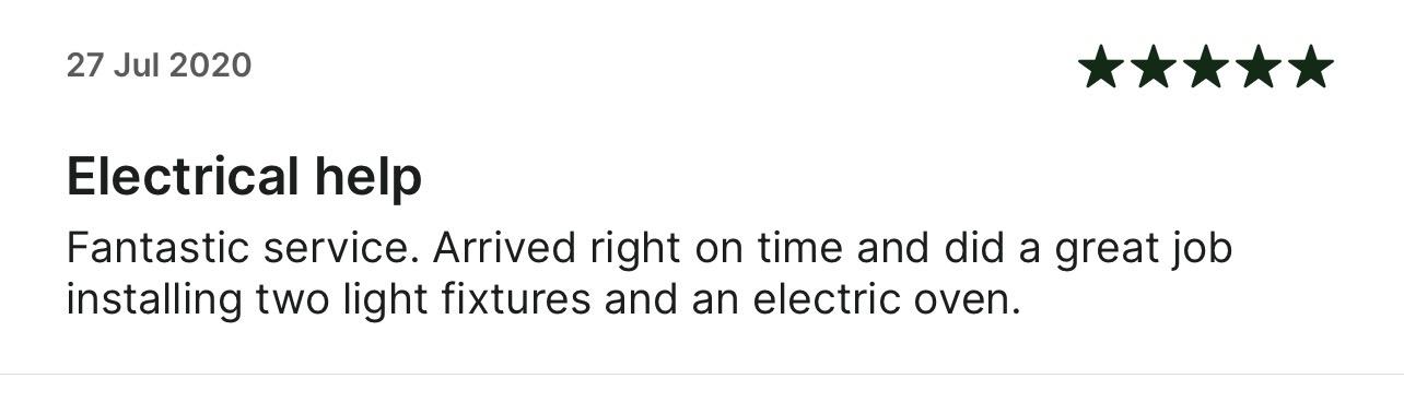 5-stele recenzie Taskrabbit: Serviciu Excelent. A sosit exact la timp și a facut o treabă grozavă instalând două corpuri de iluminat și un cuptor electric.