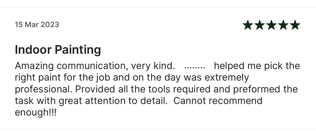 5-stele recenzie Taskrabbit: Comunicare excelentă, foarte amabil. Mi-a ajutat să aleg vopseaua potrivită pentru lucrare.
